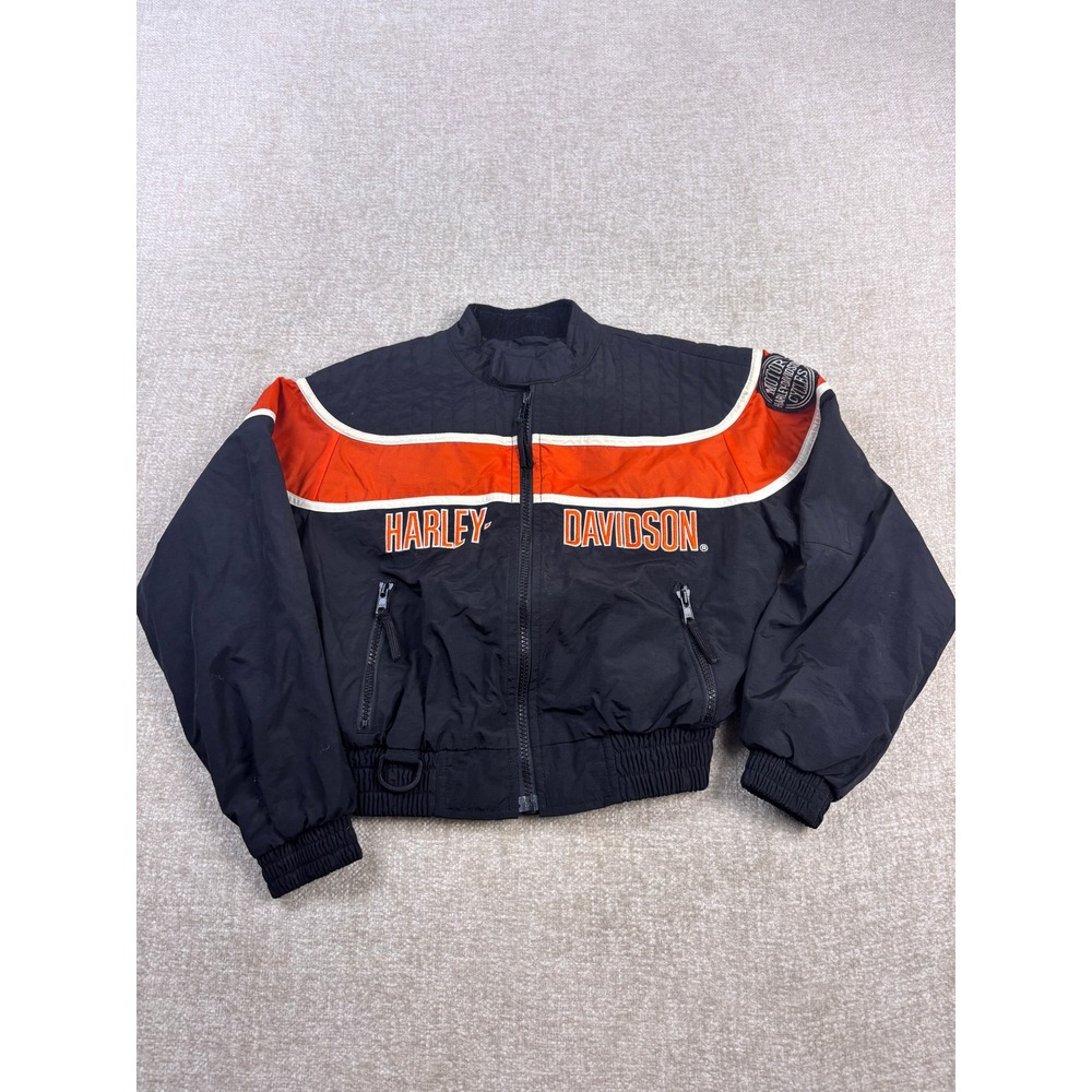 Y2K Harley-Davidson Kids Racing Bomber Jacket Black Orange Nylon Zip Up Small